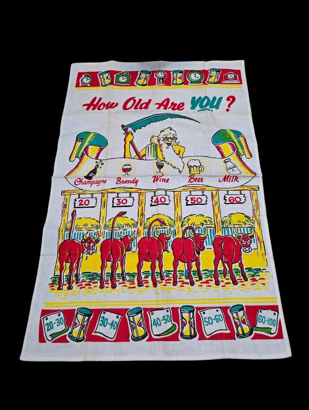 Vintage | 'How Old Are You?' Bar Tea Towel with Colorful Print